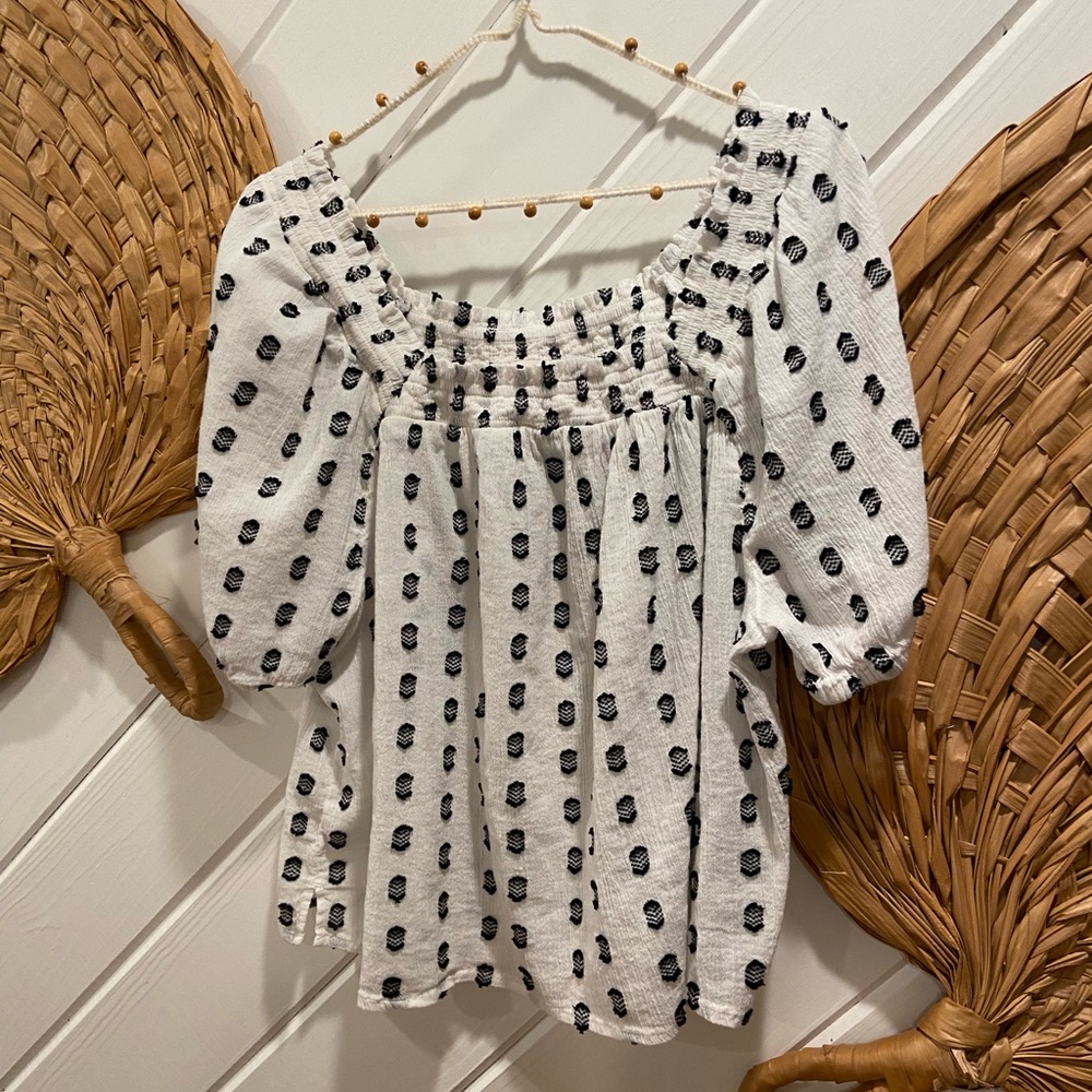 Loft Square Neck White and Black Textured Blouse XXL